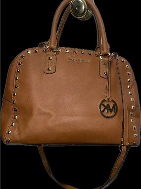 Michael Kors Brown Leather Dome Satchel with Gold Stud Accents
